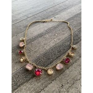 Necklace Fashion Gold Tone Chain Pink Clear Rhinestone 16”+ 3”